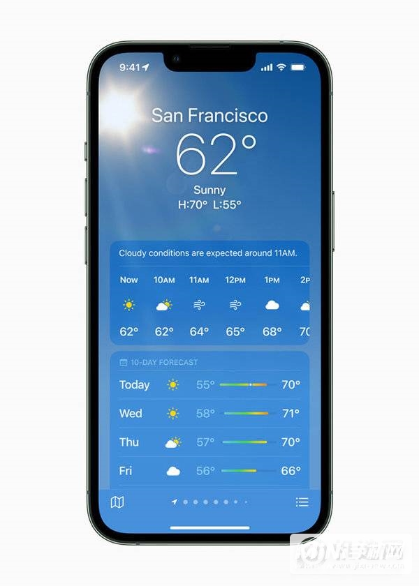 在 iPhone  13 Pro  上展示天气 App  的天气预报功能。