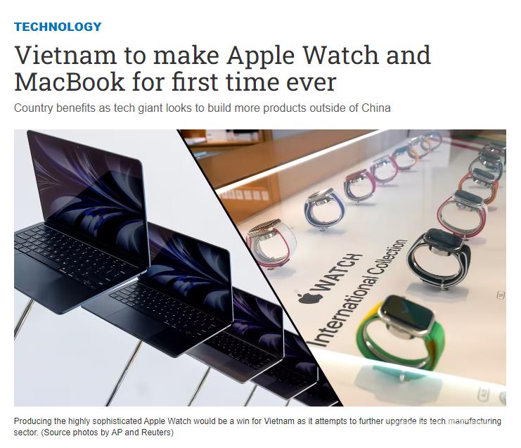 消息称苹果拟首次在越南生产 Apple Watch 和 MacBook