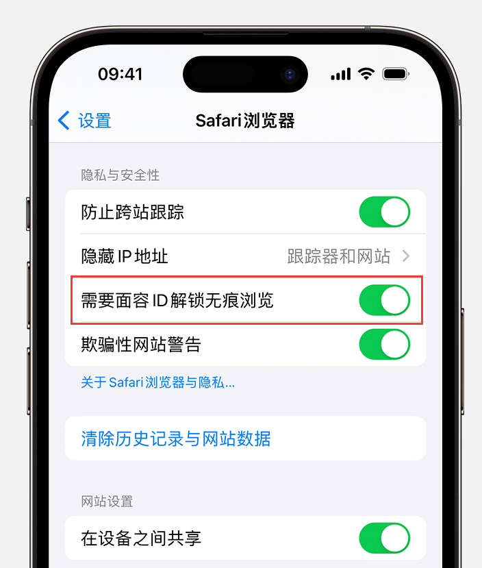 iOS  17 隐私保护功能：通过面容 ID  解锁无痕浏览