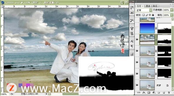 PS新手教程-如何使用PS打造视野开阔效果的沙滩海景婚纱照图片
