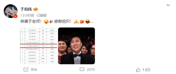 于和伟获评国家一级演员 本人幽默回应：恭喜于老师-第1张图片-9158手机教程网