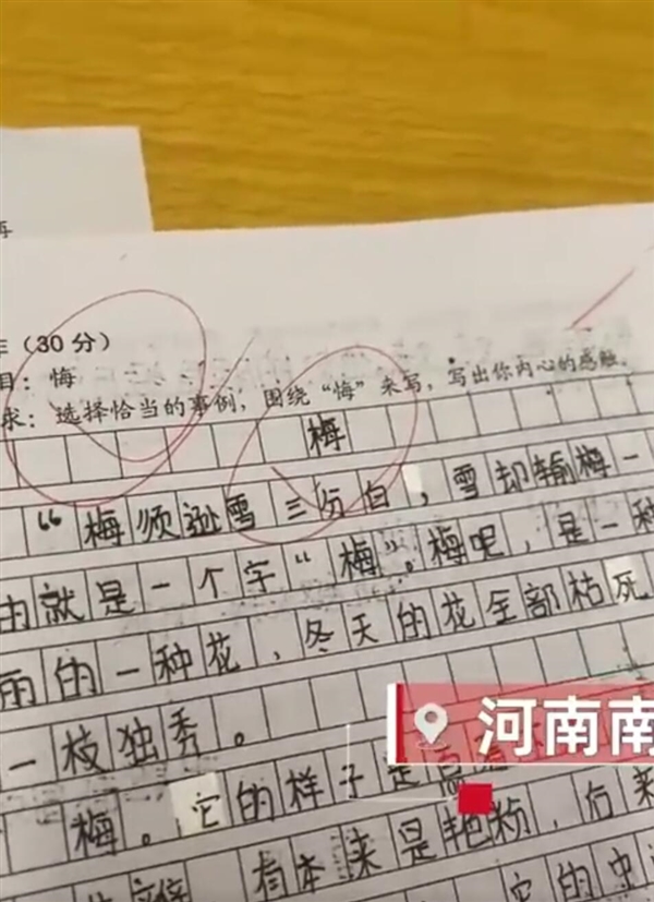 小学生满分作文跑题老师含泪打5分：把“悔”看成“梅”-第1张图片-9158手机教程网